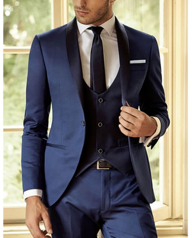 New Arrival Dark Blue Men Suit Slim Fit 3 Piece Groom Shawl Lapel Tuxedo Custom Suits Party Blazer Terno Masculino Costu