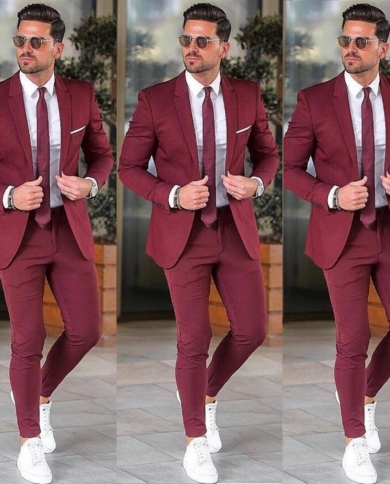 Custom Burgundy Men Suit Elegant Blazers For Party Prom Groom Wedding Suits Notched Lapel Mens Tuxedos 2 Pieces Jacket 
