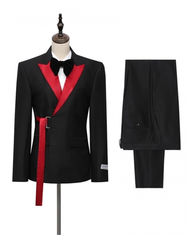 Special Design Black Men Suits With Red Belt Costume Homme Wedding Groom Tuxedo Terno Masculino Slim Fit Prom Blazer 2 P