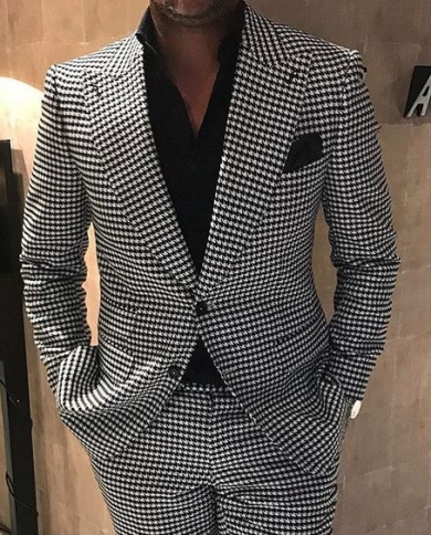 Custom Mens Houndstooth Suit 2 Pieces Formal Checkered Tuxedo Prom Party Party Groom Wedding Men Suits Jacketpantsuits