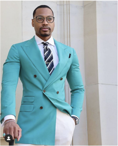 Light Blue Double Breasted Men Suits Terno Masculino Tuxedo Groom Wedding Prom Slim Fit Custom Made Blazer 2 Pcs Jacket