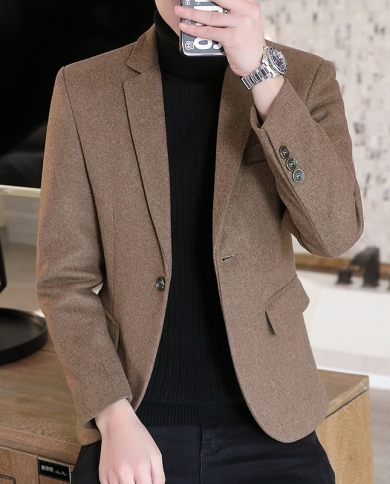 High Quality Mens Suit Coat Single Button Business Casual Wool Blended Suit Jacket Autumnwinter Thick Mens Blazer Plu