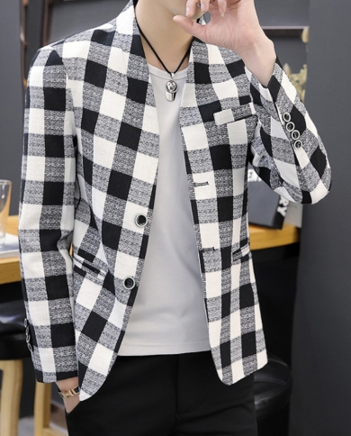 Mens Blazer Fashion Spring Summer Clothing Male Suit Jacket Plaid Patterns Casual Slim Fit Fancy Party Singer Blazzer C