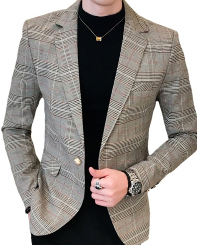 2022 New Suit Jacket Mens Fashion British Casual Blazers Coat Slim Classic Plaid Tops Male Spring Autumn Outwear Terno M