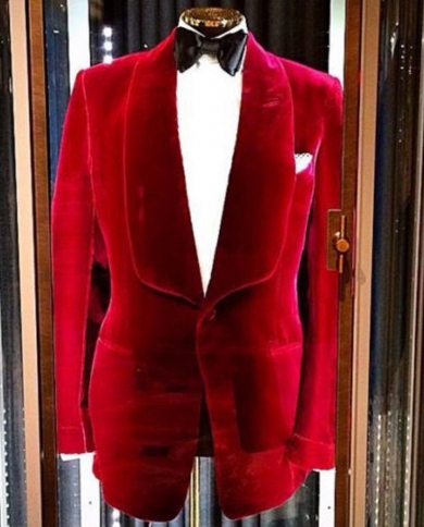 2022 Men Suits Redjacket And Black Pant Mens Velvet Coat Blazer Jacket Red Designer Grooms Wedding Party Wear Casualsuit
