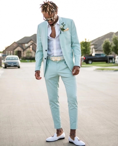 Costume Homme Mint Green Mens Suits 2 Piece Beach Groomsmen Wedding Tuxedos For Men Notch Lapel Formal Prom Suit jacket