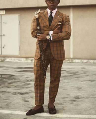 Formal Men Suits High Quality Grid 2022 Slim Fit Velvet Lapel Groom Suit Mens Tuxedo Blazer Weddingprom Suits 2 Piecesu