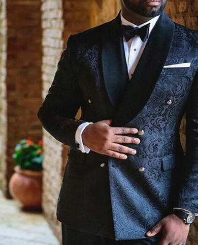 Black Wedding Men Suits Double Breasted Custom Slim Fit Groom Tuxedos Shawl Lapel 2 Piece Jacket Pants Male Blazer For P