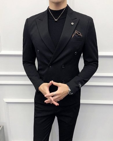 Latest Double Breasted Boyfriend Suits For Men 2 Piece Custom Slim Fit Wedding Groom Tuxedos Peaked Lapel Man Fashion Cl