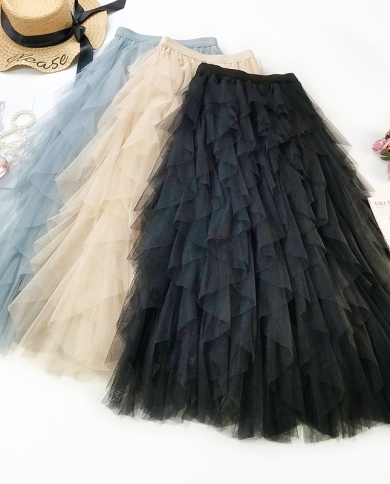 Fashion Tutu Tulle Skirt Women Long Maxi Skirt 2022 Spring Summer  Black Pink High Waist Pleated Skirt Female  Skirts
