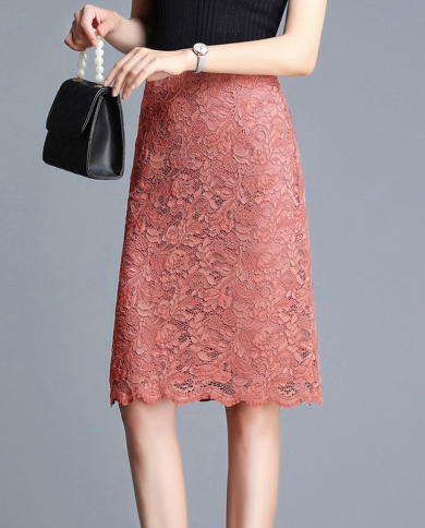 Vintage Lace Hook Flower Hollow Bag Hip Skirt 2022 Summer Fashion Elegant Office Lady All Match Commute High Waist Knee 