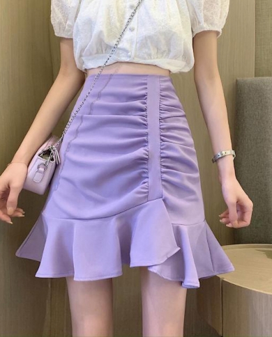  Fashion Sweet Ruffles Asymmetrical Folds Mermaid Skirt Elegant Office Lady Commute All Match Slim High Waist Mini Skirt