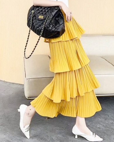 Elegant Fashion Ruffles Splicing Layered Cake Skirt 2022 Summer New Office Lady All Match Elastic High Waist Folds Ankle