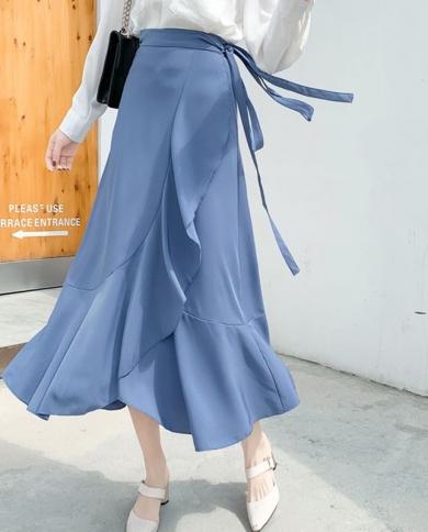 Elegant Fashion Ruffles Bandage Mermaid Skirt 2022 Summer New Office Lady Commute All Match High Waist Asymmetrical Midi