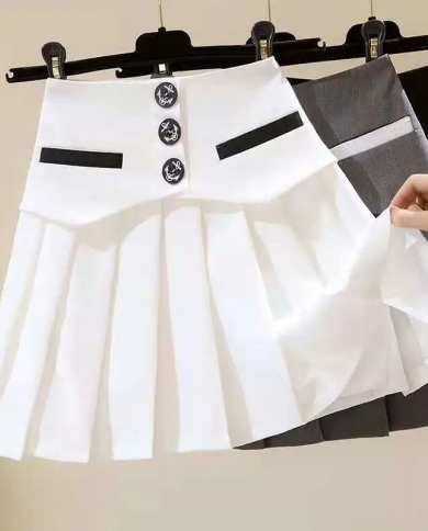  Fashion All Match Button Splicing Pleated Skirt 2022 Summer New Zipper High Waist School Kawaii Preppy Sweet Mini Skirt