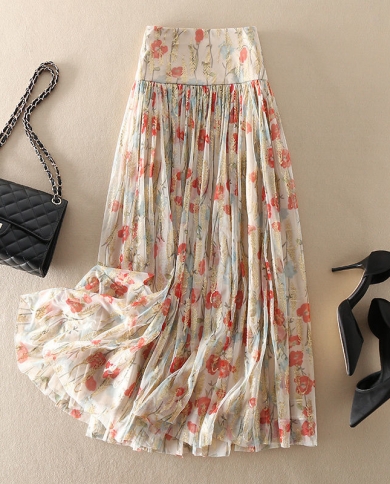 Y2k Fashion Mesh Floral Skirt Woman Clothing 2022 Summer New Elegant Vintage Zipper Midi High Waist Aline Pleated Skirt 