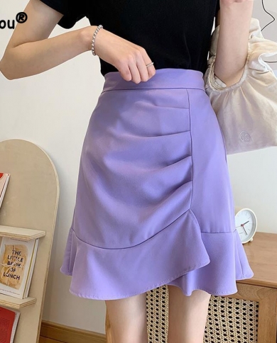 Irregular High Waist Skirts For Female Summer New  Fashion All Match Bag Hip A Line Solid Color Ruffles Spliced Mini Ski