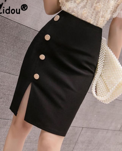 Spring And Summer Womens Simple Commuter Professional All Match Skirt Button Split High Waist Elastic Black Hip Wrap Sk