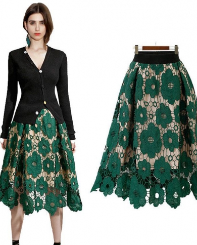 Elegant Fashion Lace Hook Flower Hollow Midi Skirt 2022 Summer New Office Lady Commute All Match Elastic High Waist A Li