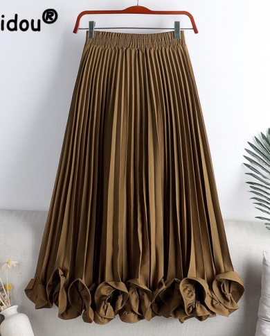 Elegant Vintage Irregular Ruffles Folds Pleat Skirts Woman 2022 New Office Lady Commute Allmatch Elastic High Waist Midi