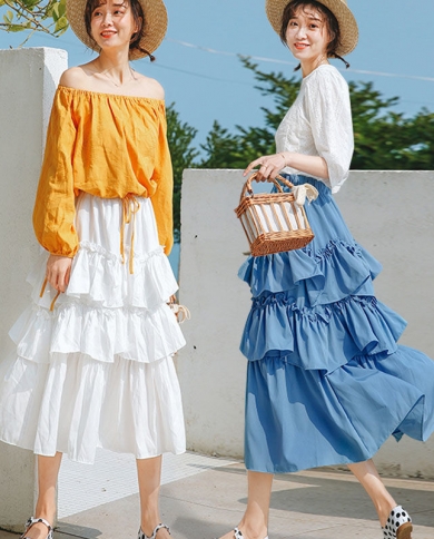  Sweet Folds Ruffles Layered Cake Skirt 2022 Summer New Elegant Fashion Allmatch Elastic High Waist Patchwork Midi Skirt