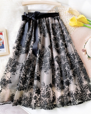Elegant Fashion Lace Hook Flower Hollow Mesh Skirt Office Lady Commute Allmatch Bow Sequined Embroidery Aline Knee Skirt