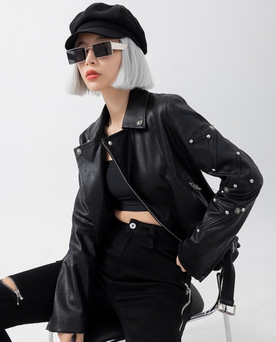 Womens Fashion New Retro Style Rivet Short Long-sleeve Leather Jacket