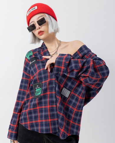 Womens Clothing New Long-sleeved Blouses Mid-length Loose Plaid Shirts