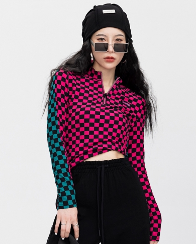 Womens Fashion Retro Stand-up Collar Contrast Color Stitching Plaid High-elastic Bottom Shirt