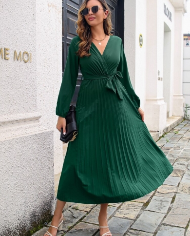 Autumn Winter Pleated Elegant Long Dress Women V Neck Solid Color Lace Up Long Sleeve Loose Casual Maxi Green Dress 2022