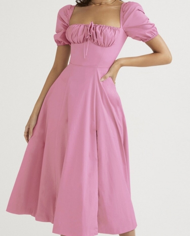Off Shoulder Split Backless Maxi Summer Elegant Dresses For Women Lace Up Female Puff Sleeve Long Dress  Dresses