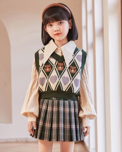 Girls Autumn Shirt Vest Pleated Skirt Three-piece Set