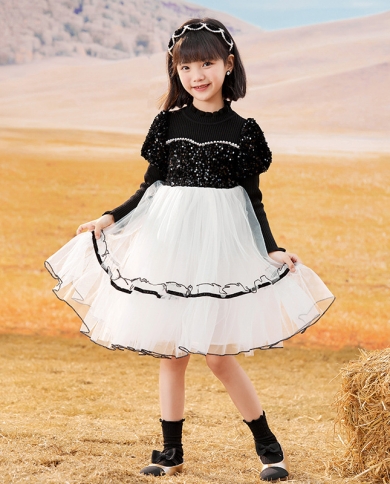 Girls Knitted Dress Mesh Performance Skirt Black And White Stitching Sequins Princess Dress