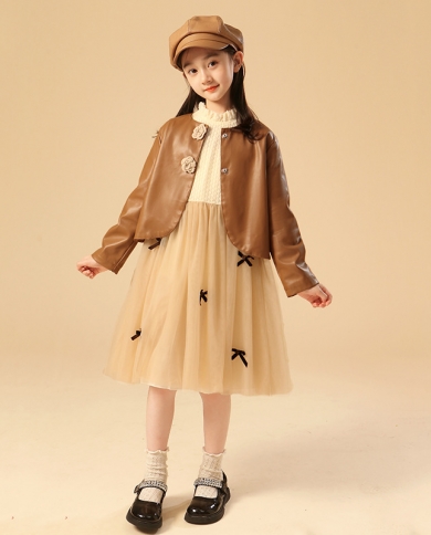 Girls Dress Autumn New Style Childrens Leather Jacket Girls Mesh Princess Skirt Two-piece Set