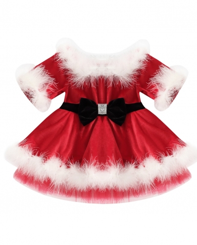 Vestido de Natal infantil infantil para meninas, vestido vermelho manga longa manga longa com bainha de pele branca, meninas de 