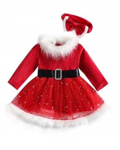 Vestido de Natal infantil infantil meninas princesa vestido de lantejoulas malha mangas compridas com cinto e faixa de cabeça pa