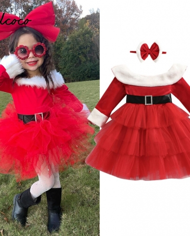 Infant Kids Baby Girl 2pcs Christmas Outfits, Off Shoulder Long Sleeve Tulle Dress  Headband Set 17t Santa Girls Red Go