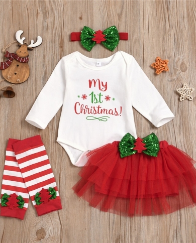 Newborn My 1st Christmas Outfit Long Sleeve Romper Topstutu Skirtleg Warmersheadband 3 Piece Set For Baby Girlsclothi