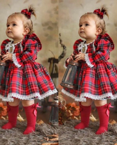 Fashion Christmas Toddler Infant Baby Girl Xmas Clothes Long Sleeve Lace Tutu A Line Plaid Autumn Dress  Girls Casual Dr