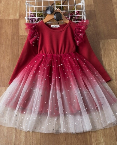 Red Girls Christmas Dresses Long Sleeve Tulle Mesh Tutu Dress For Kids Princess Wedding Party Costume Children Winter Cl