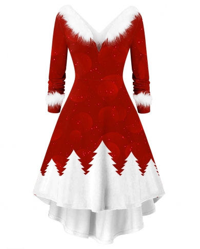 Women Christmas Dress Vestidos Mujer Faux Plush Long Sleeve Furry V Neck Irregular Party Swing Dress Lady A Line Dress N