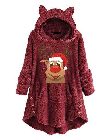 Santa Elk Winter Christmas Hoodie Women Hooded Sweatshirts Warm Plush Fleece Pocket Harajuku Hoodies Tops Loose Coat Pul