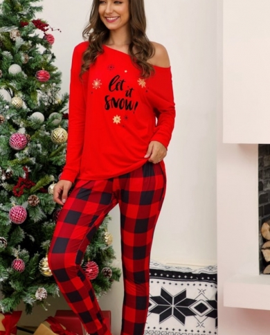 2022 New Years Costumes Womens Christmas Pajama Sets Full Sleeve One Shoulder Topslong Pants 2 Pieces Sleepwear Xmas 