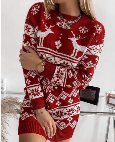 Winter 2022 Christmas Jumpers For Women Elk Pattern Casual Loose Knitted Dress Streetwear Full Sleeve O Neck Short Dress
