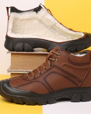 Botines de invierno para hombre que mantienen el calor, zapatos de algodón, zapatillas altas de cuero, botas de senderismo, bota