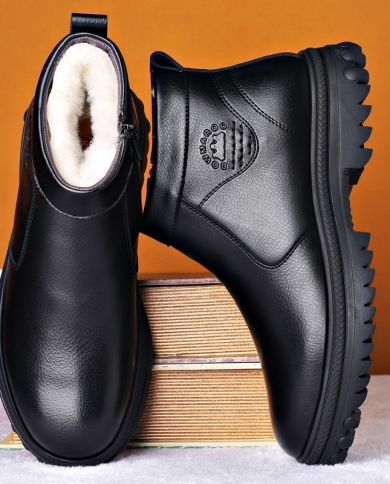 Botines para hombre, botas de nieve para mantener el calor en invierno, zapatos impermeables de algodón de cuero genuino, botas 