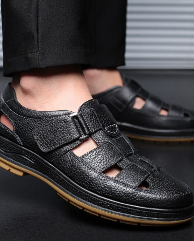 New Men Classic Sandals Leather Hollow Out Casual Comfortable Solid Flats Outdoor Nonslip Beach Shoes Sandalias Masculin