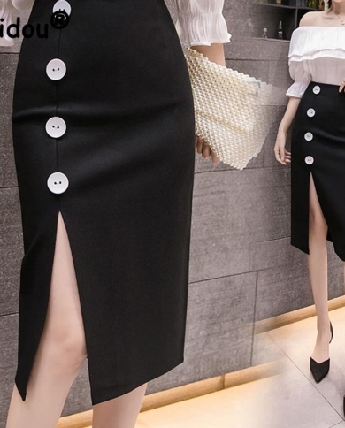 2022 Fashion New Womens  Elegant Commuting Slim Fit Hip Wrap Skirt Button  Split Elastic High Waist Skirt