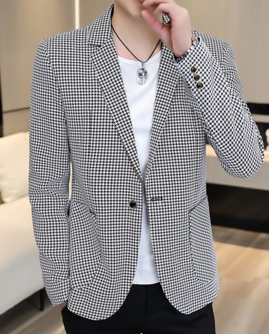Men 2022 New Arrival Spring Autumn Fashion Casual Button Plaid Slim Fit Dress Blazers Male Business Casual Suit Jacket C