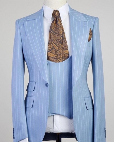 Costume Homme Light Blue Stripe Men Suits 3 Pieces One Button Peak Lapel Casual Groom Wedding Terno Masculino Slim Fit B